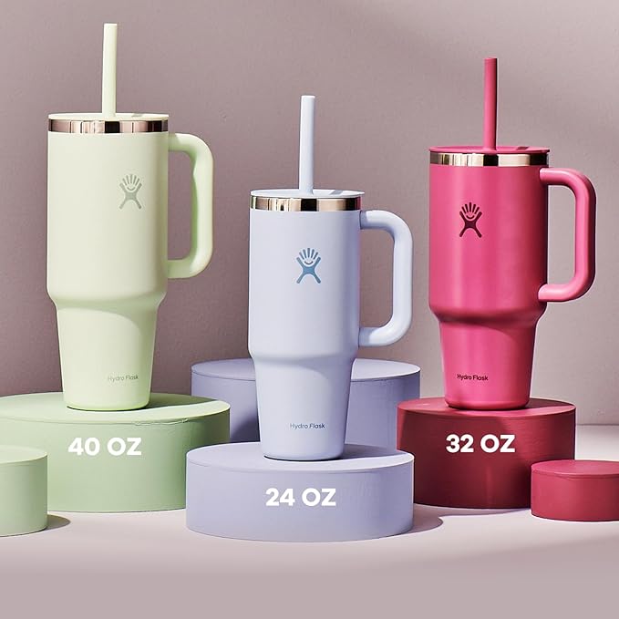 Hydro Flask Travel Tumbler with Handle, Lid and Straw - Insulated Stainless Steel in 24 Oz Oat