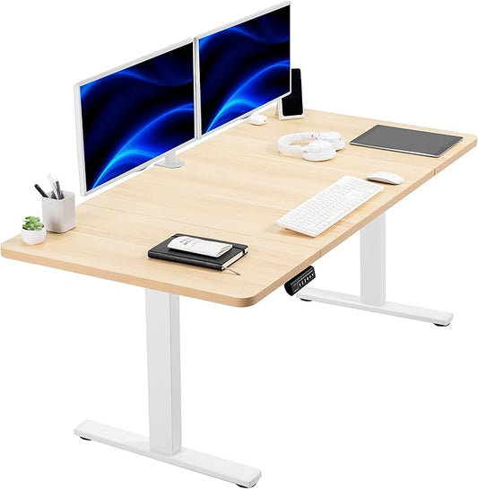VIVO Electric 60 x 30 in Standing Desk, Memory Height Adjustment, 1B Series, Light Wood Top White Frame, DESK-KIT-1W6C-30