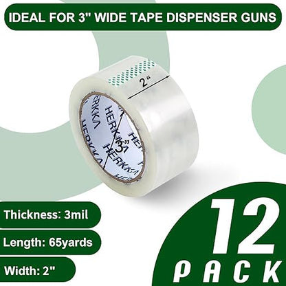 HERKKA Clear Packing Tape, 12 Rolls Heavy Duty Packaging Tape for Shipping Packaging Moving Sealing, 3Mil Thick Clear Packing Tape, 2 inches Wide, 65 Yards Per Roll, 780 Total Yards