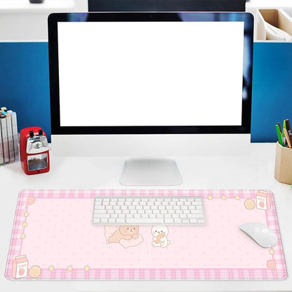 Cute Animals Gaming Mouse Pad Pink Kawaii Cartoon Rabbit Bear Extended Gaming Mouse Pad Mat with Stitched Edge Non-Slip Base Big Mousepad 31.5"x11.8"