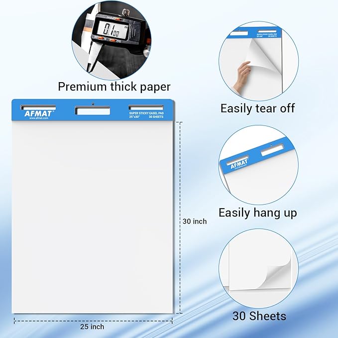 AFMAT Sticky Easel Pads, 25 in x 30 in Flip Chart Paper for Teachers, Super Sticky & Bleed-Resistant, Self-Stick Easel Paper for Office/Classroom/Whiteboard/Wall/Windows, 30 Sheets/Pad, 3 Pads