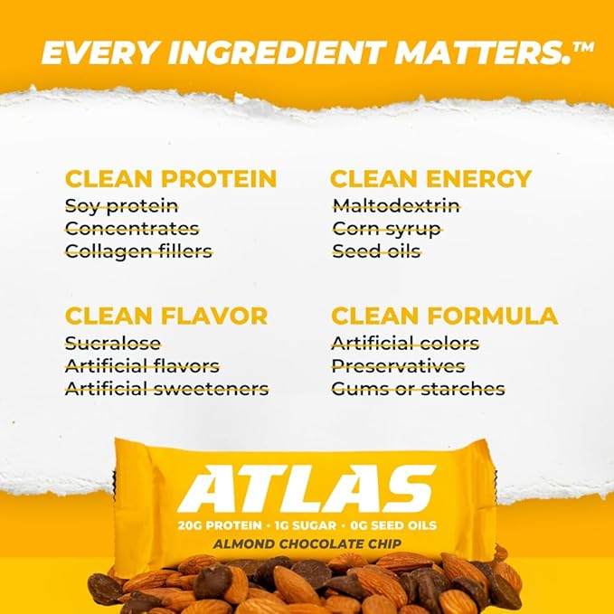 Atlas Bar – 20g Protein, 1g Sugar, 0g Seed Oils, 0g Artificial Sweeteners (Almond Chocolate Chip, 12 Count) (24 Count, Almond Chocolate Chip)