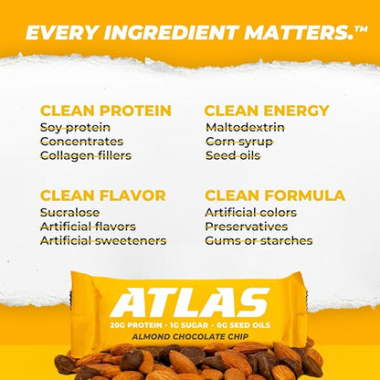 Atlas Bar – 20g Protein, 1g Sugar, 0g Seed Oils, 0g Artificial Sweeteners (Almond Chocolate Chip, 12 Count) (24 Count, Almond Chocolate Chip)