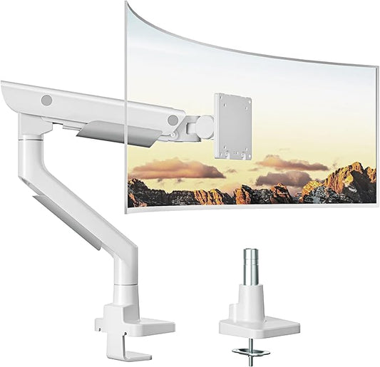 monTEK Sleek Aluminum Monitor Arm for 17–57” Ultrawide Screens up to 59 lbs, Heavy Duty Single Monitor Arm Desk Mount, Pneumatic Lift, Quick-Release Plate, Clamp/Grommet, Max VESA 100x100