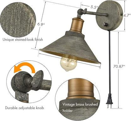 Vintage Farmhouse Wall Sconces Hardwired or Plug-in Bedroom Bath Wall Lamps Set of 2 with on/Off Switch