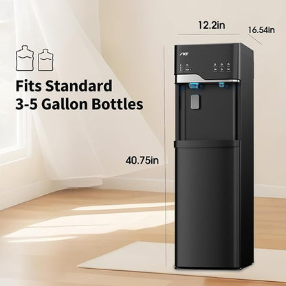 IKT Self Cleaning 4 in 1 Water Cooler Dispenser with Ice Maker for 5 Gallon Bottle Bottom Load 22lbs Daily Capacity Child Safety Lock Empty Bottle Light Black