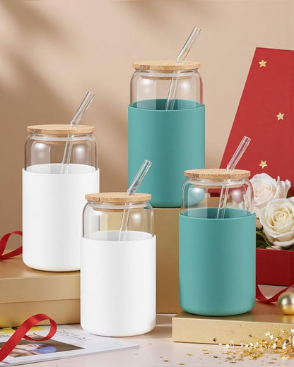 sungwoo Glass Cups with Lids and Straws, 4 Pack 16OZ Iced Coffee Cups with Silicone Sleeve, Glass Tumbler with Straw and Bamboo Lid, Home Essential Drinking Set for Juice, Cocktail and Tea White&Green