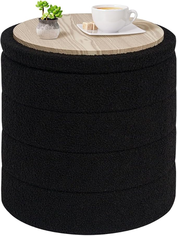 PINPLUS Round Storage Ottoman Foot Rest Stool with Tray Velvet Sherpa Folding Storage Ottoman,Boucle Foot Rest for Living Room, Bedroom, Dorm,Black Color
