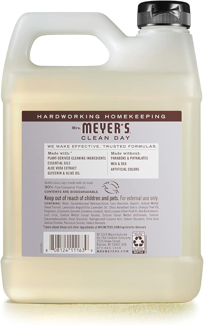 MRS. MEYER'S CLEAN DAY Hand Soap Refill, Made with Essential Oils, Biodegradable Formula, Lavender, 33 fl. oz - Pack of 6