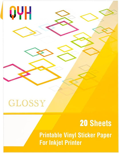 QYH Premium Printable Vinyl for Inkjet Printer-20 Glossy Sticker Paper Waterproof 8.5’’x11’’ White Labels