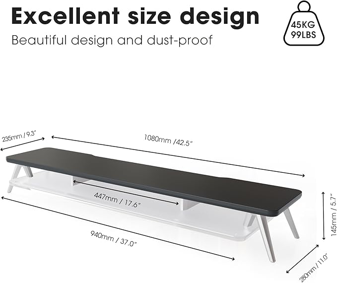 Fenge Dual Monitor Stand for Desk, 2 Tiers Monitor Riser with Acrylic Shelf, 42.5 Inch Wood and Aluminum Desk Shelf with Phone and Tablet Holder