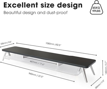 Fenge Dual Monitor Stand for Desk, 2 Tiers Monitor Riser with Acrylic Shelf, 42.5 Inch Wood and Aluminum Desk Shelf with Phone and Tablet Holder