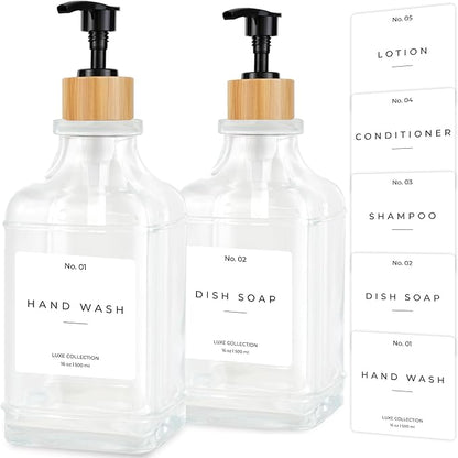 Emerson Essentials Soap Dispenser, Dish Soap Dispenser, Soap Bottle Bathroom Set, Farmhouse, Kitchen Soap Dispenser Set Stainless Steel - Glass Soap Dispenser with Pump and Labels, 16 Oz, 2 Pack