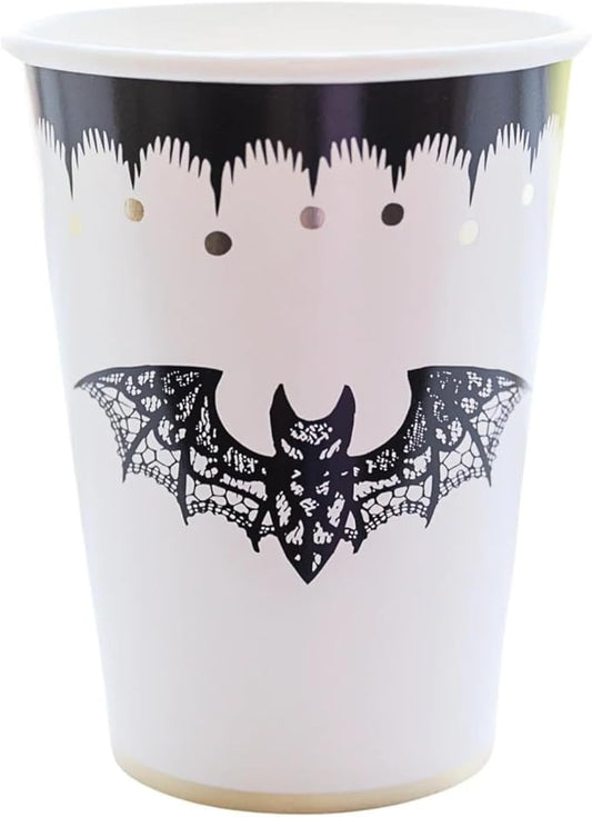 Bonjour Fête Elegant Halloween Paper Party Cups | Disposable Cups with Lacy Bat Design & Gold Foil | Double-Walled for Hot or Cold Drinks | Premium Party Supplies & Decorations | Pack of 8 | 12oz size