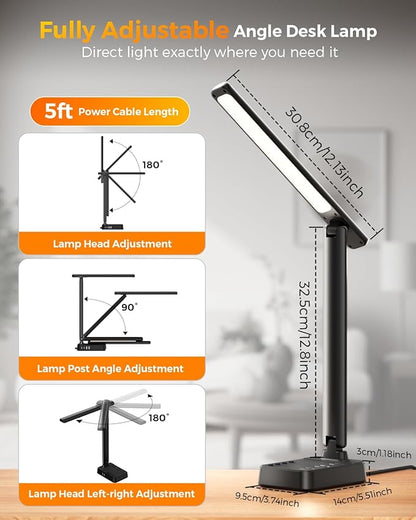LED Desk Lamp for Office Home, Power Strip with 3 Outlets 4 USB Charging Ports(2 USBC), 4 Modes 5 Level Brightness Desk Light, Small Desk Lamp for College Dorm Room Essentials
