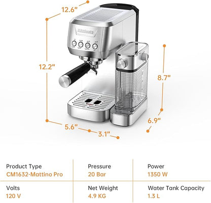 MAttinata Cappuccino Machine 20 Bar, Professional Espresso Machines for Home and Office with Automatic Milk Frothering System, Barista Compact Latte Maker for Coffee Lovers, Stainless Steel-Mattino