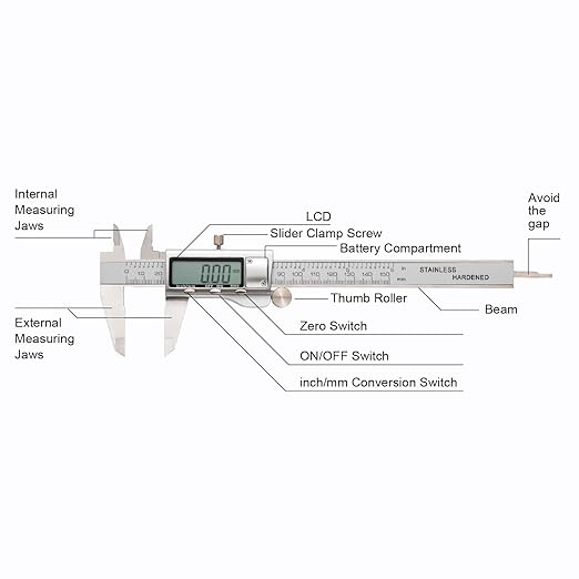 All-Metal Digital Caliper 0-6"Measuring Tool, Micrometer Caliper with Auto-Off Feature, Interchangeable Between inches and millimeters for DIY/Household and 3D Printing