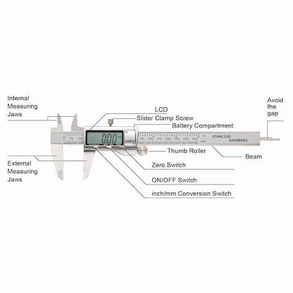 All-Metal Digital Caliper 0-6"Measuring Tool, Micrometer Caliper with Auto-Off Feature, Interchangeable Between inches and millimeters for DIY/Household and 3D Printing