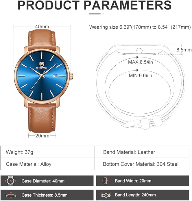 CHEETAH Minimalist Waterproof Quartz Watches for Men with Leather Strap, Auto Date