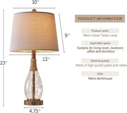 OYEARS 23" USB A+C Table Lamp for Bedroom Living Room Modern Bedside Lamps Retro Farmhouse Rattan Glass Nightstand Nightlight Lamps,Two Light Points