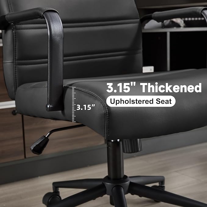 Office Desk Chair Leather, Conference Room Chairs with Wheels, Modern Executive Office Chairs Adjustable Height, Ergonomic Swivel Rolling Ribbed Computer Chair(Matte Black)