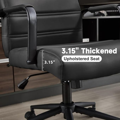 Office Desk Chair Leather, Conference Room Chairs with Wheels, Modern Executive Office Chairs Adjustable Height, Ergonomic Swivel Rolling Ribbed Computer Chair(Matte Black)