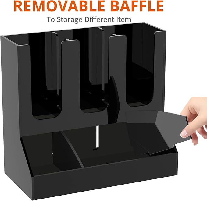 Richboom Cup and Lid Organizer, 6 Compartments with 2 Removable Dividers Coffee Station Countertop Cup Dispenser Condiment Organizer Accessories Caddy for Breakroom, Office, Home - Black