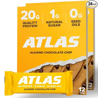 Atlas Bar – 20g Protein, 1g Sugar, 0g Seed Oils, 0g Artificial Sweeteners (Almond Chocolate Chip, 12 Count) (24 Count, Almond Chocolate Chip)