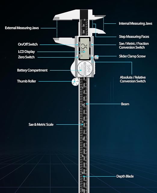 Housolution Digital Caliper 12 Inch, (ABS) Absolute Scale Caliper, IP54 Caliper Measuring Tool, Inch/MM/Fraction, Auto-Off LCD Stainless Steel Waterproof Micrometer Vernier Caliper, Feeler Gauges