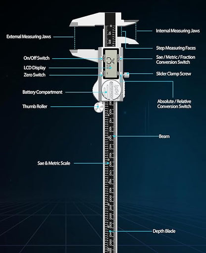 Housolution Digital Caliper 12 Inch, (ABS) Absolute Scale Caliper, IP54 Caliper Measuring Tool, Inch/MM/Fraction, Auto-Off LCD Stainless Steel Waterproof Micrometer Vernier Caliper, Feeler Gauges