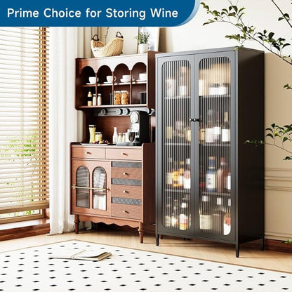 63'' Kitchen Pantry Storage Cabinet, Metal Display Cabinet with Glass Door and 3 Adjustable Shelves, Kitchen Hutch Storage Cabinet for Dining Room, Living Room, Assemble Required (Black)