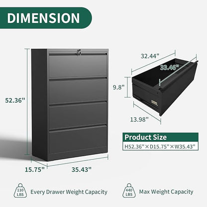 Lateral File Cabinet with 4 Drawer, Metal File Cabinets for Home Office with Lock, Large Filing Storage Cabinet Printer Stand, Steel Wide File Cabinet for Legal/A4/F4/Letter Size Files-Black
