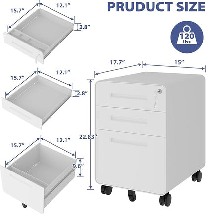 Rolling File Cabinet with Lock, 3 Drawer Metal Mobile Filing Cabinet Office Under Desk for Legal/Letter Size, Fully Assembled Except Casters