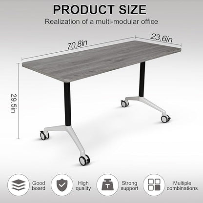 Conference Table Folding Conference Room Tables, Modern Mobile Meeting Training Table with Silent Wheels, Foldable Seminar Table for Offices, Classrooms, Libraries (4, Grey2, 70.8in)