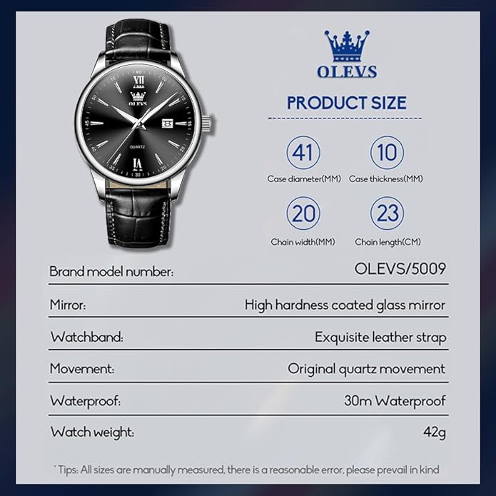 OLEVS Mens Watches Vintage Leather Band Dress Classic Easy Reader Arabic Numerals Analog Quartz Waterproof Date and Day Blue/Black/White Large Face Men's Wrist Watches
