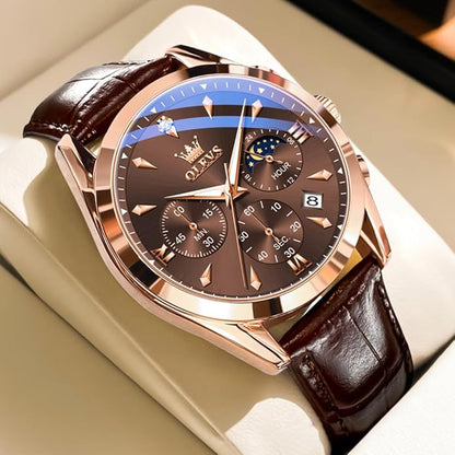 OLEVS Men's Leather Analog Quartz Watch - Luxury Chronograph Wristwatch With Date, Waterproof, Luminous - Dress Style