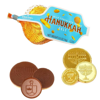 The Dreidel Company Original 40-Mesh Bags Chocolate Gelt Gold With Menorah And Dreidel Design Coins, Made with Premium Belgian Milk Chocolate, Gluten Free, Non-GMO, Kosher Certified (40 Mesh Bags)