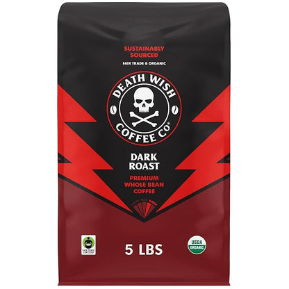 Death Wish Coffee Whole Bean Dark Roast - USA Organic Coffee Beans - Fair Trade Arabica & Robusta Coffee Beans - Dark Roast Coffee Beans (80 oz.)