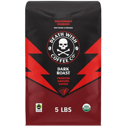 Death Wish Coffee Dark Roast Grounds - Bold Intense Blend of Arabica & Robusta Beans - USDA Organic Ground Coffee - 80 oz.
