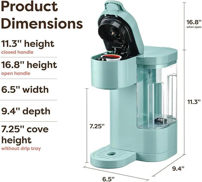 Express Essentials Single Serve Coffee Maker, 3 Cup Sizes, 36oz Removable Reservoir, cup Pod Compatible, Fast Brew, Travel Mug Friendly, Auto-Off, Compact 6.5” Design, Seafoam
