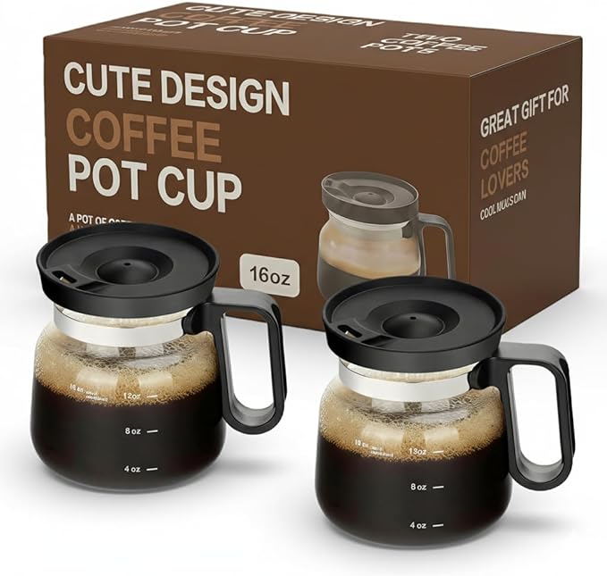 16 Oz Coffee Pot Mug,Mini Coffee Pot Cup,with Spill Proof Lid Heatproof Glass Mug Large Capacity ideal Gift for Coffee Lovers (2Pcs)