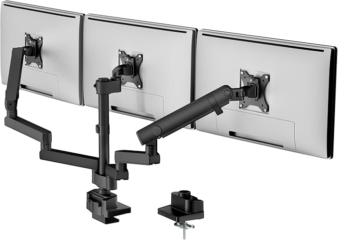 monTEK Triple Monitor Mount for Max 27 inch Computer Screens, 3 Monitor Desk Mount Each Arms Holds up to 19.8lbs, Three Monitors Desk Arm with Swivel, Tilt, Rotation, MA1009PBK-T