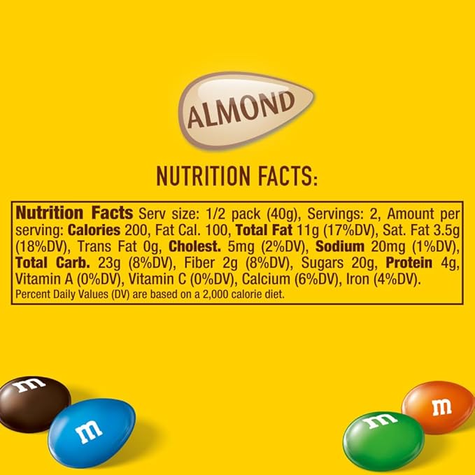 M&M'S Almond Chocolate Candy, Full Size 2.83 oz Bag, Pack of 18 Bulk Candy Chocolate