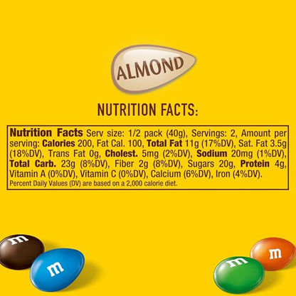 M&M'S Almond Chocolate Candy, Full Size 2.83 oz Bag, Pack of 18 Bulk Candy Chocolate