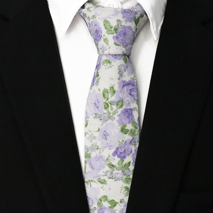 Cotton Floral Ties for Men 2.76" Men's Skinny Tie Linen Flower Printed Neck Tie for Wedding Dating Party