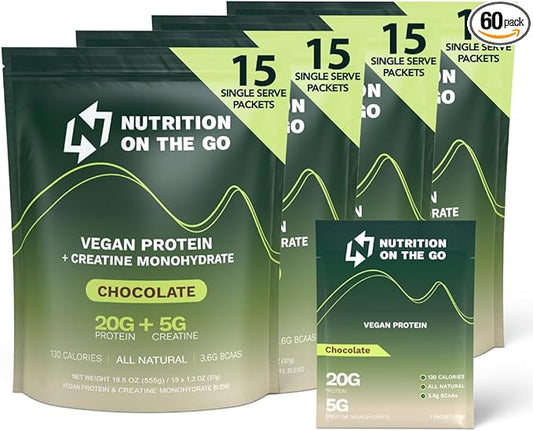 Nutrition On The Go Vegan Protein Powder Packets with Creatine – 20g Plant Proteins + 5g Creatine – Single-Serve Travel Protein Powder – All-Natural, Gluten-Free – Chocolate – (60-Pack)