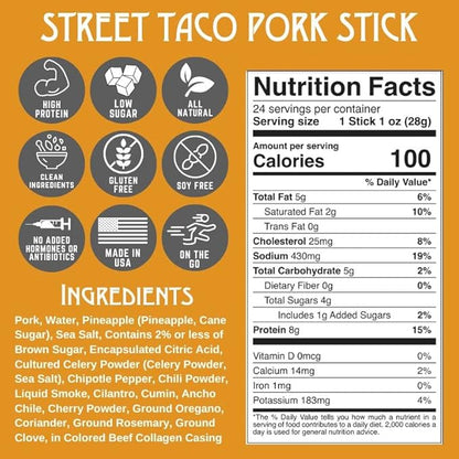 Righteous Felon Meat Sticks | 100% Pork Sticks | Gluten Free & Keto Meat Sticks | Low Sugar & High Protein Pork Sticks | Healthy Snack for Adults | Jerky Gifts for Men | Street Taco, 24 Pack