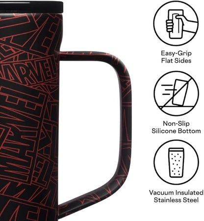 Corkcicle Marvel Coffee Mug - Stainless Steel Insulated Cup With Lid For Tea & Coffee - Durable Travel Mug - Eco-Friendly - BPA Free - Non-Slip Silicone Base - Easy Grip - 16 oz - Marvel Logo
