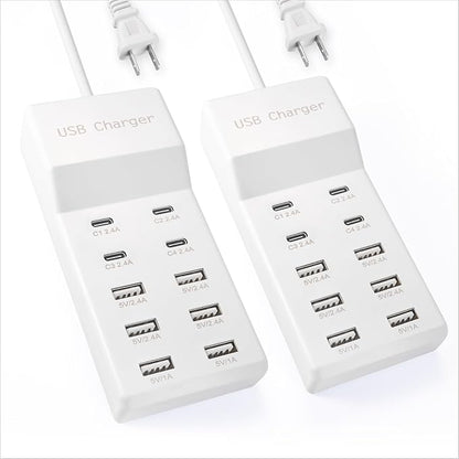 USB Charging Station with 6 USB-A & 4 USB-C Ports, 50W 10A USB Charging Block for Smart Phone, Tablet, Laptop, Multiple Devices - USB Power Strip with Auto-Detect Technology (2 PCS)