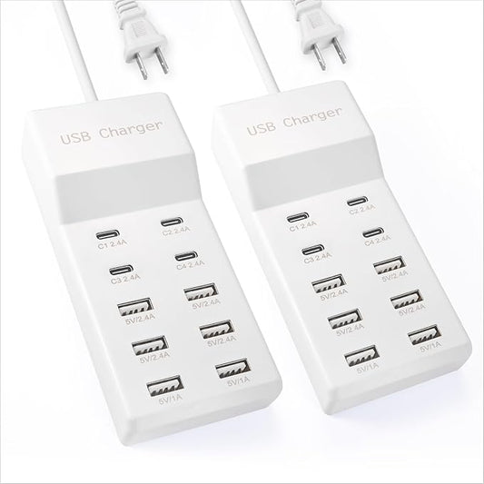 USB Charging Station with 6 USB-A & 4 USB-C Ports, 50W 10A USB Charging Block for Smart Phone, Tablet, Laptop, Multiple Devices - USB Power Strip with Auto-Detect Technology (2 PCS)